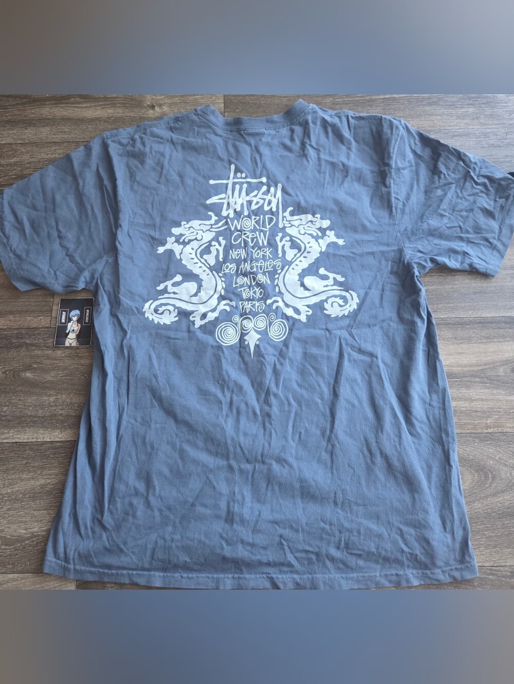 Stussy World Crew Dragon Tee Slate Blue Mens Size Large